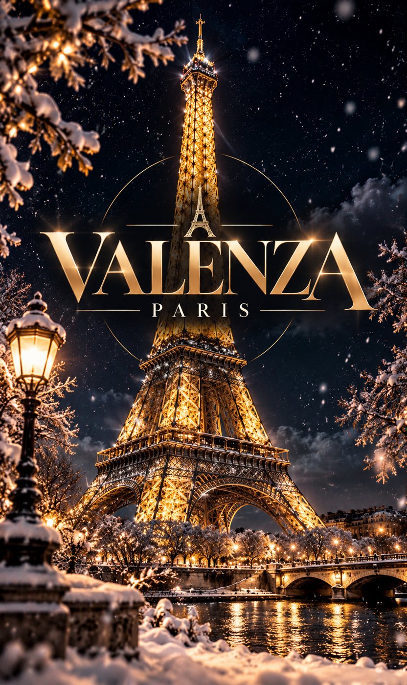Affiche de la collection hiver VALENZA PARIS, la Tour Eiffel illuminée sous la neige